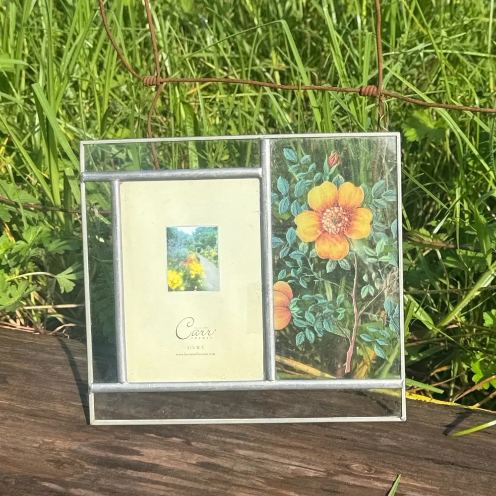 VTG CARR Stained Glass Pressed Flowers Picture Frame Country Garden 3.5x5”